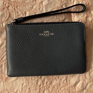 Coach Navy Pebbled Leather Zip Wristlet with Gold Logo